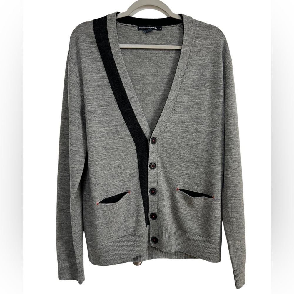 French Connection 100% Wool Knit Cardigan Sweater V-Neck Front Buttons Sz Large